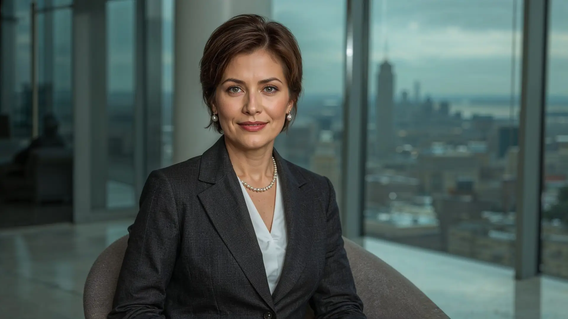 Professional businesswoman sitting in modern office with city view
